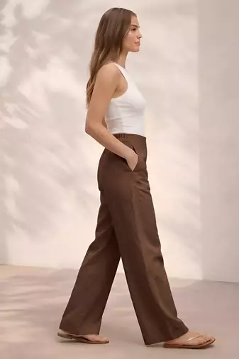 Chocolate casual linen blend straight fit pants