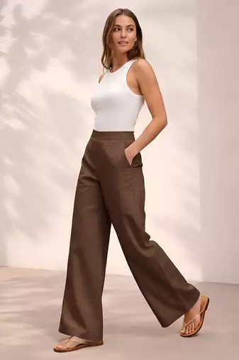 Chocolate casual linen blend straight fit pants