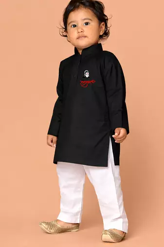 Boys black pure cotton kurta pyjama set     hanuman jayanti special print