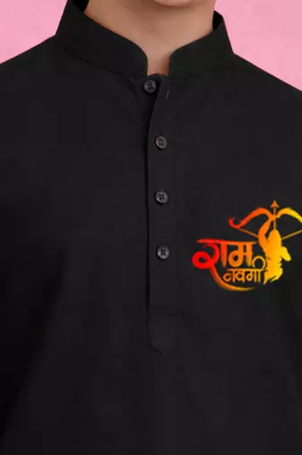 Boys black pure cotton kurta pyjama set     ram navami special print