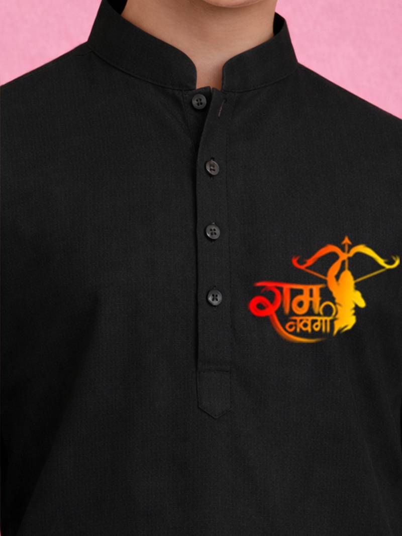 Boys black pure cotton kurta pyjama set     ram navami special print