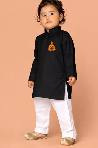 boys pure cotton black kurta pyjama set with hanuman print	