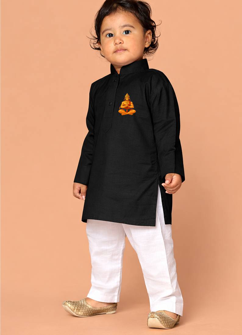 boys pure cotton black kurta pyjama set with hanuman print	