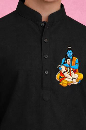 Boys black pure cotton kurta pyjama set     hanuman jayanti special print