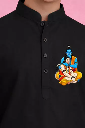 Boys black pure cotton kurta pyjama set     hanuman jayanti special print