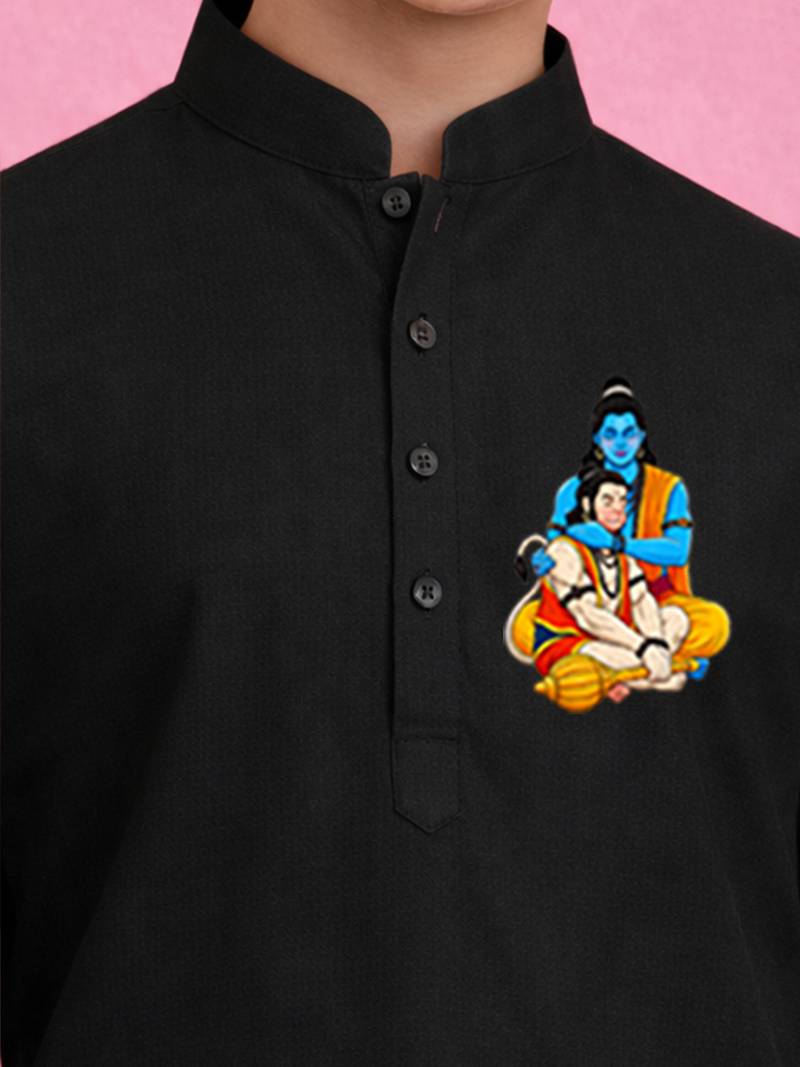 Boys black pure cotton kurta pyjama set     hanuman jayanti special print