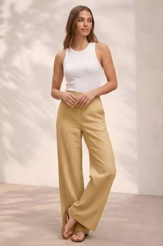 Cream casual linen blend straight fit pants