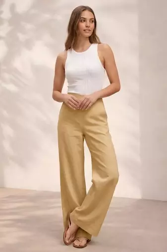 Cream casual linen blend straight fit pants
