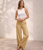 Cream casual linen blend straight fit pants