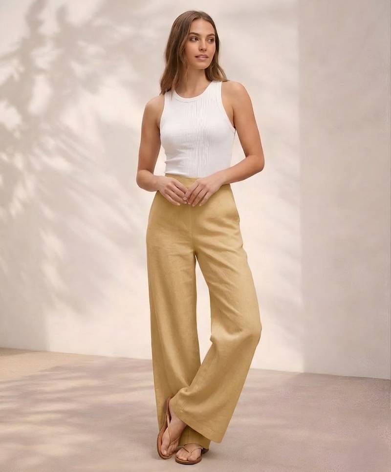 Cream casual linen blend straight fit pants