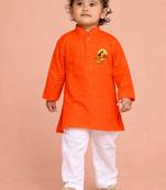 boys orange cotton kurta pyjama with bal hanuman print