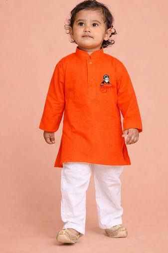 boys orange pure cotton kurta pyjama set with bajrangbali print