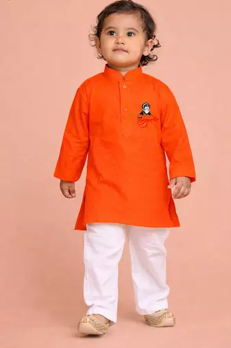 boys orange pure cotton kurta pyjama set with bajrangbali print