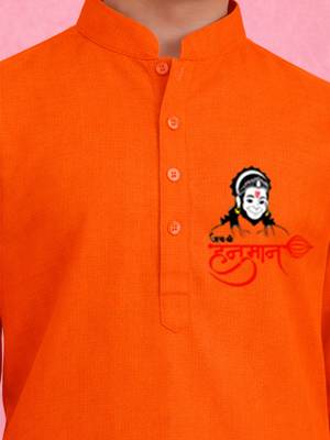 boys orange pure cotton kurta pyjama set with bajrangbali print 2