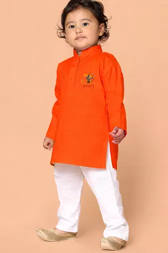 boys orange cotton kurta pyjama set with shree ram print