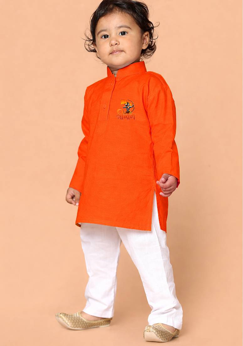boys orange cotton kurta pyjama set with shree ram print