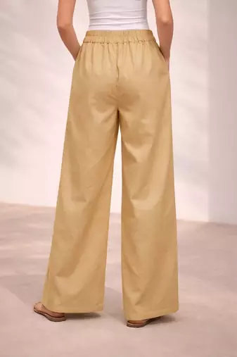 Cream casual linen blend straight fit pants
