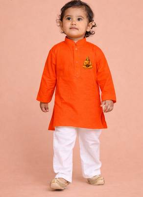 boys pure cotton orange kurta pyjama set with hanuman print 1