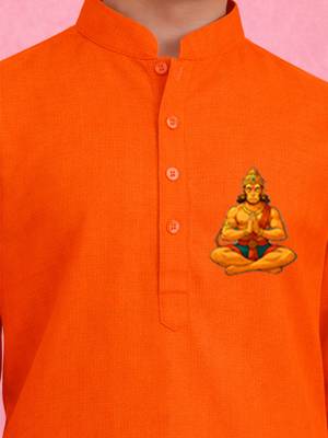 boys pure cotton orange kurta pyjama set with hanuman print 2