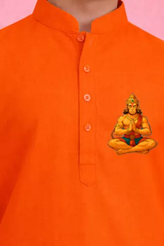 boys pure cotton orange kurta pyjama set with hanuman print