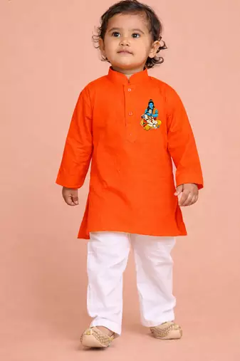 boys orange ram hanuman print cotton kurta pyjama set