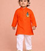 boys orange ram hanuman print cotton kurta pyjama set