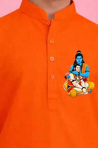 boys orange ram hanuman print cotton kurta pyjama set