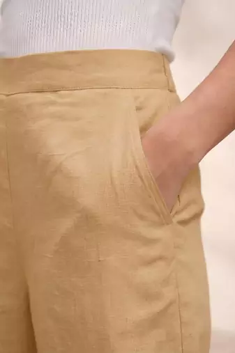 Cream casual linen blend straight fit pants
