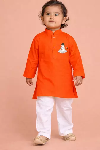 boys orange cotton kurta pyjama set with bal hanuman print