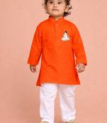 boys orange cotton kurta pyjama set with bal hanuman print