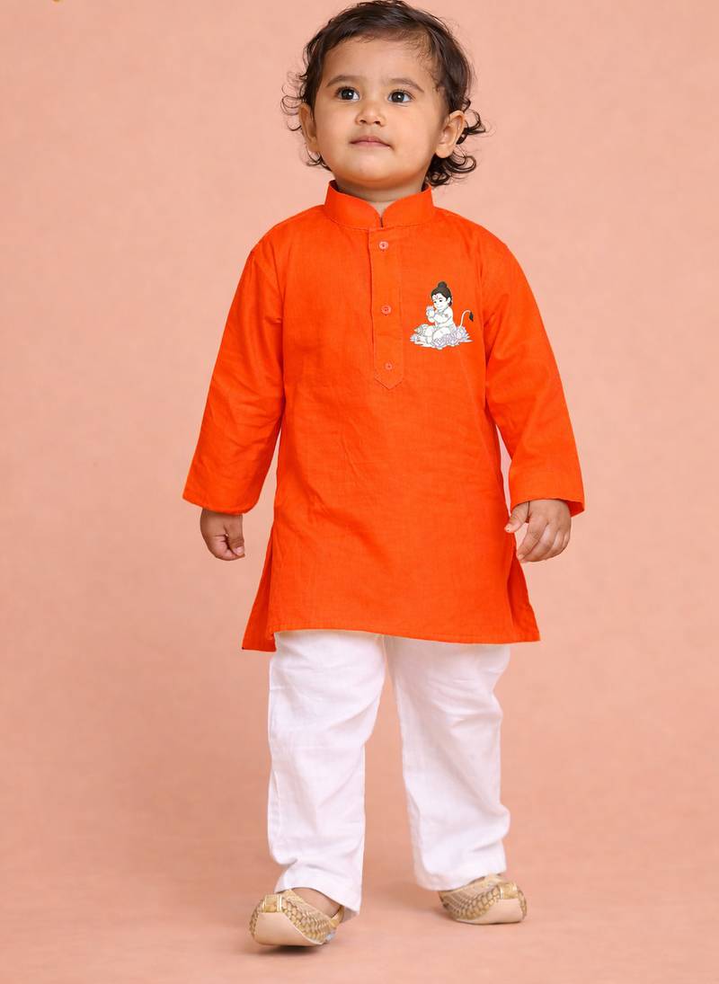 boys orange cotton kurta pyjama set with bal hanuman print