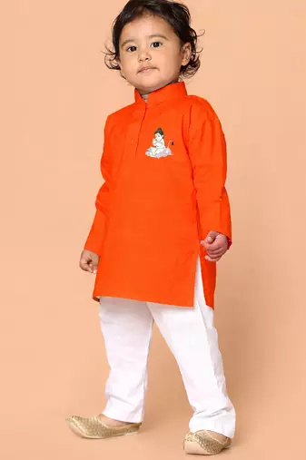 boys orange cotton kurta pyjama set with bal hanuman print