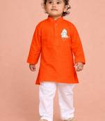 boys orange pure cotton kurta pyjama set with hanuman print