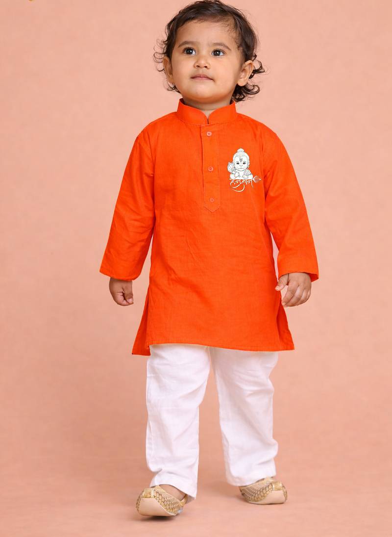 boys orange pure cotton kurta pyjama set with hanuman print