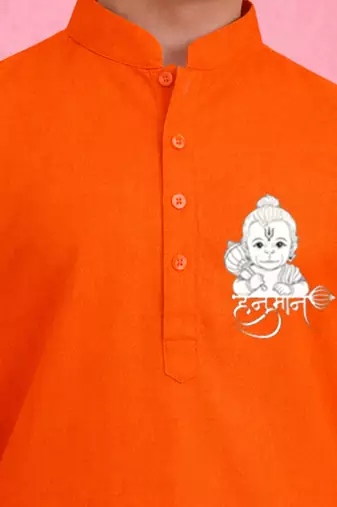boys orange pure cotton kurta pyjama set with hanuman print