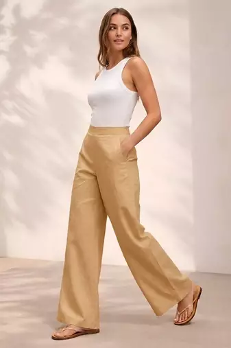 Cream casual linen blend straight fit pants