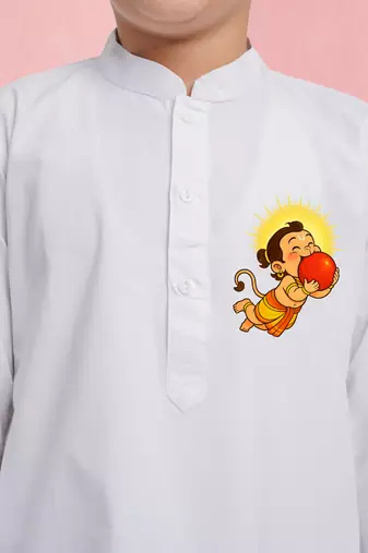 boys white cotton kurta pyjama set with bal hanuman sticker