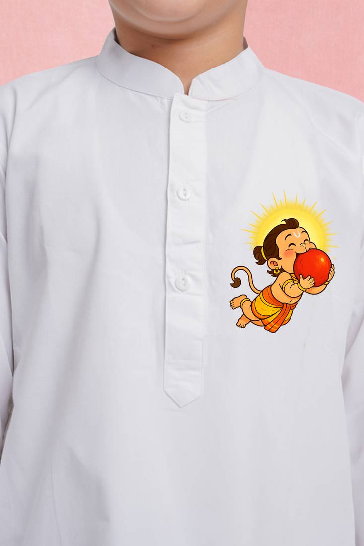 boys white cotton kurta pyjama set with bal hanuman sticker