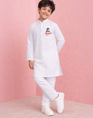 boys white cotton kurta pyjama with jay shree hanuman print 1