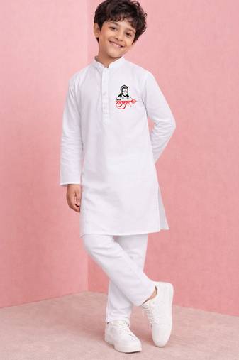 boys white cotton kurta pyjama with jay shree hanuman print