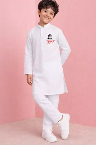 boys white cotton kurta pyjama with jay shree hanuman print