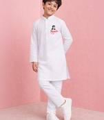 boys white cotton kurta pyjama with jay shree hanuman print