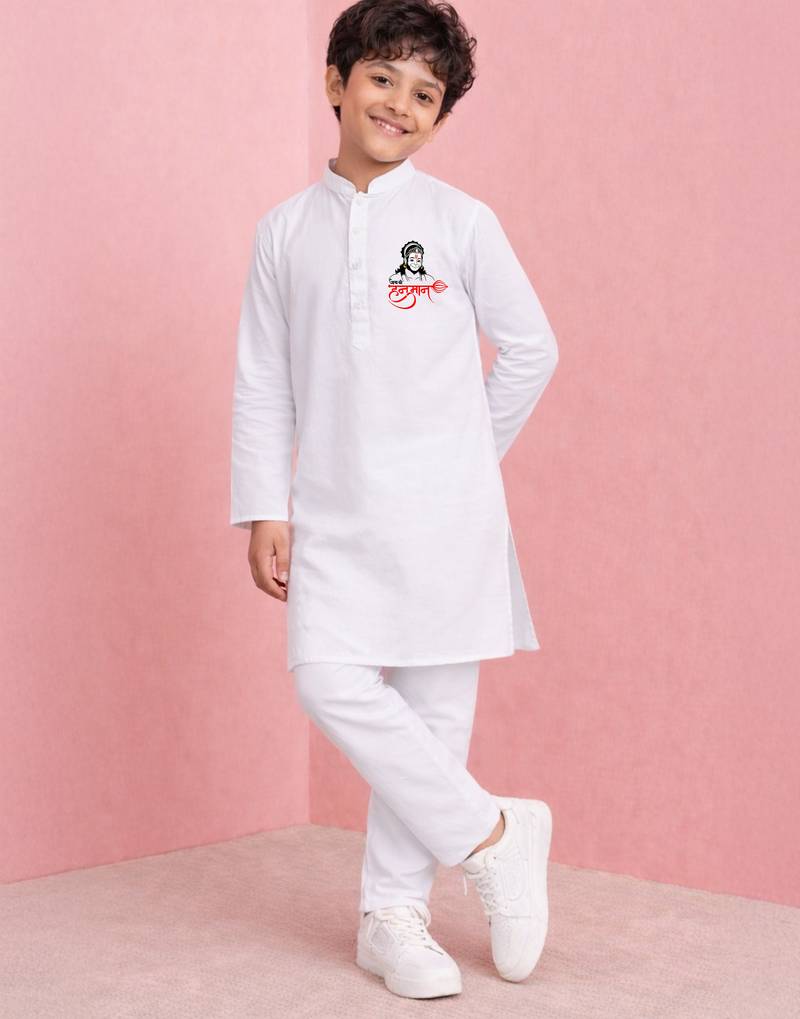 boys white cotton kurta pyjama with jay shree hanuman print