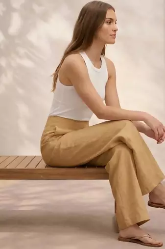 Cream casual linen blend straight fit pants