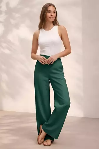 Dark green casual linen blend straight fit pants