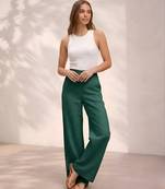 Dark green casual linen blend straight fit pants