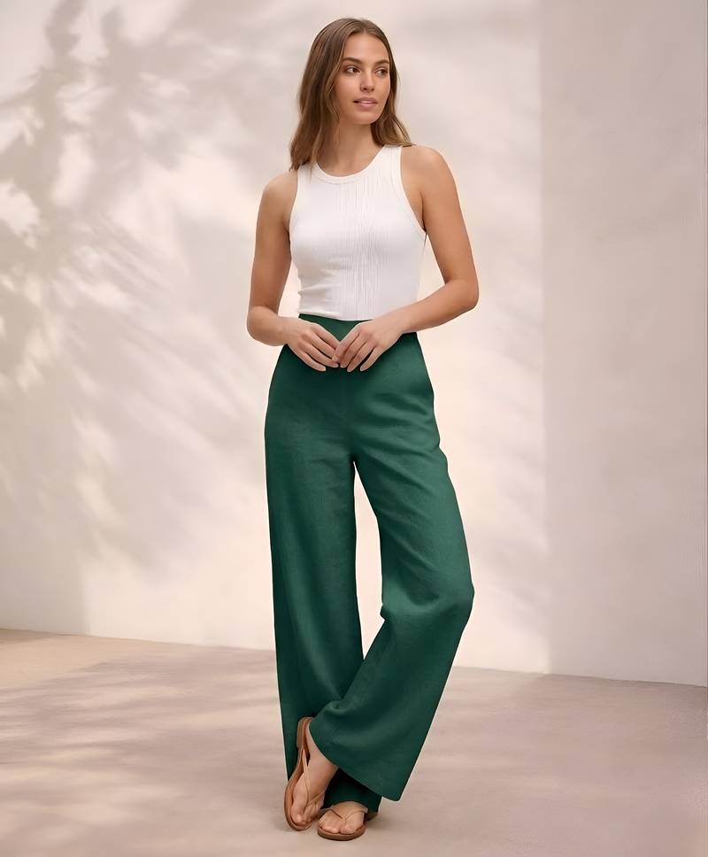 Dark green casual linen blend straight fit pants