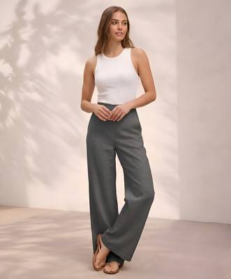 Dark grey casual linen blend straight fit pants 1
