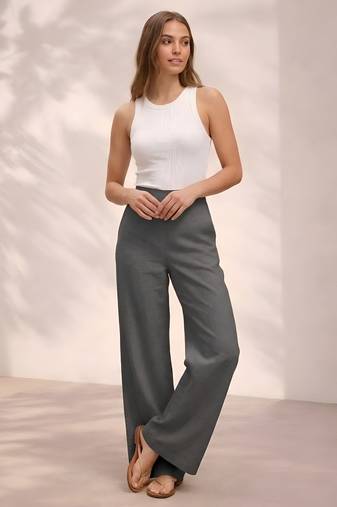 Dark grey casual linen blend straight fit pants