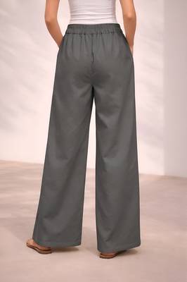Dark grey casual linen blend straight fit pants 2